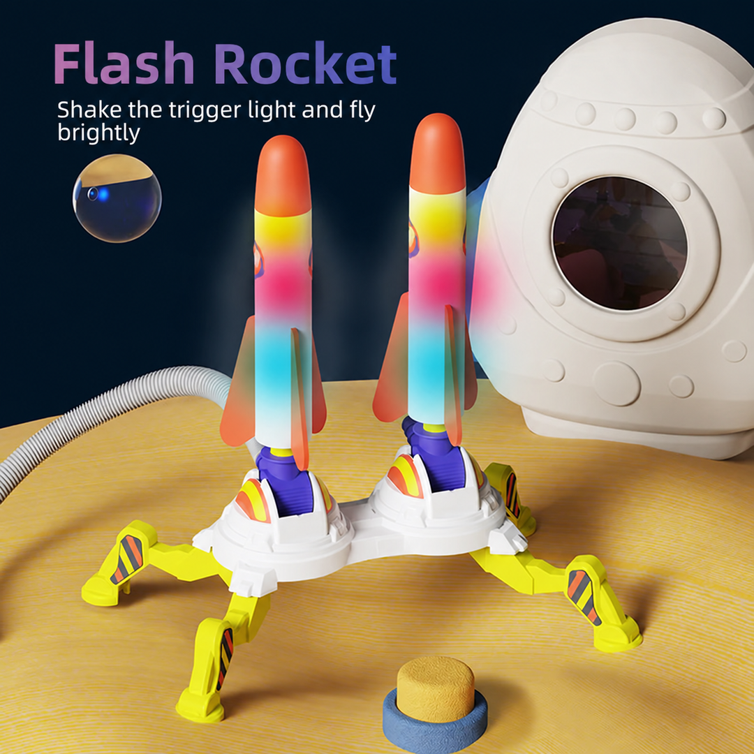 Two multicolor light-up rockets mounted on a double launcher with yellow legs.