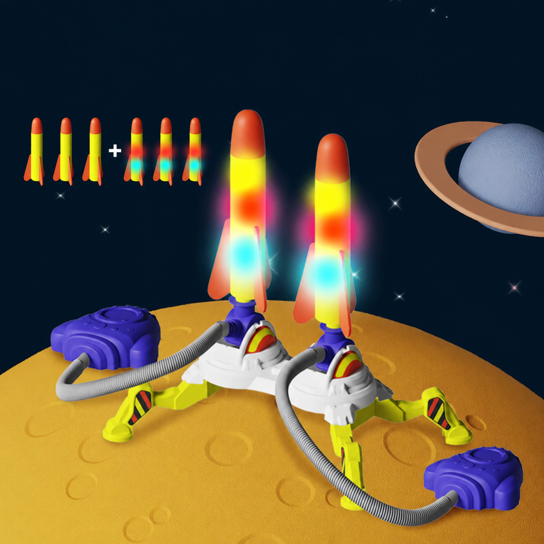 Double rocket launcher with two pedals and a set illustration showing three standard and three LED rockets.