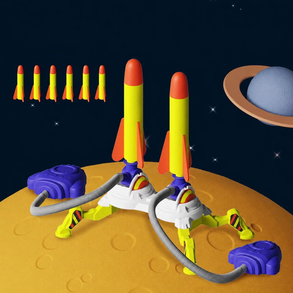 Double rocket launcher with two foot pedals, gray air hoses, and a six-rocket set illustration.