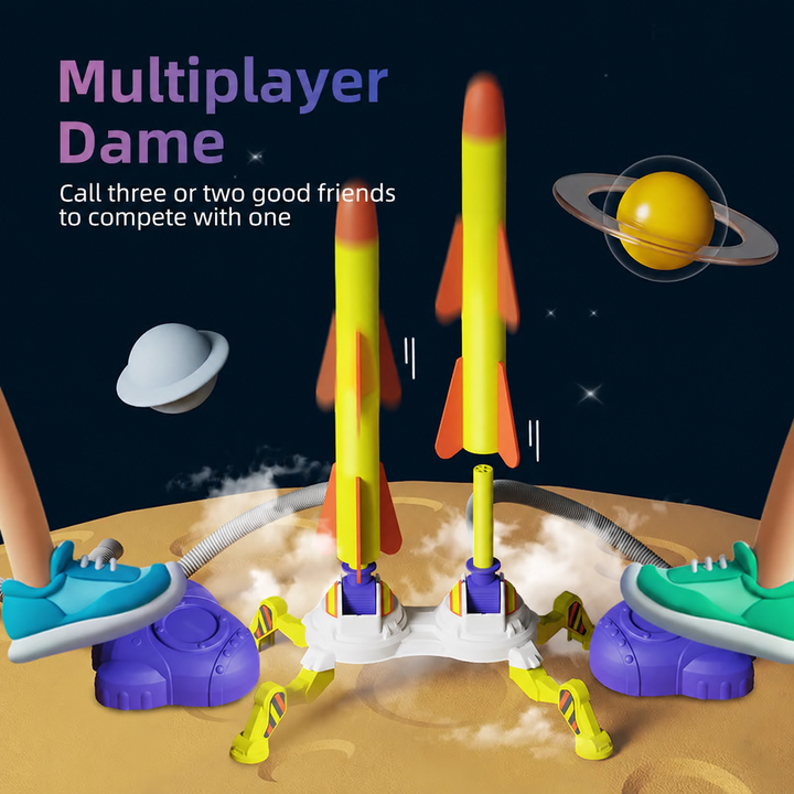 Two feet press separate purple pedals to launch rockets from a double launcher.