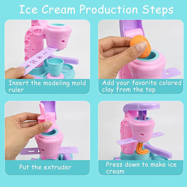 Four steps showing how to load colored dough and press it through the ice cream maker