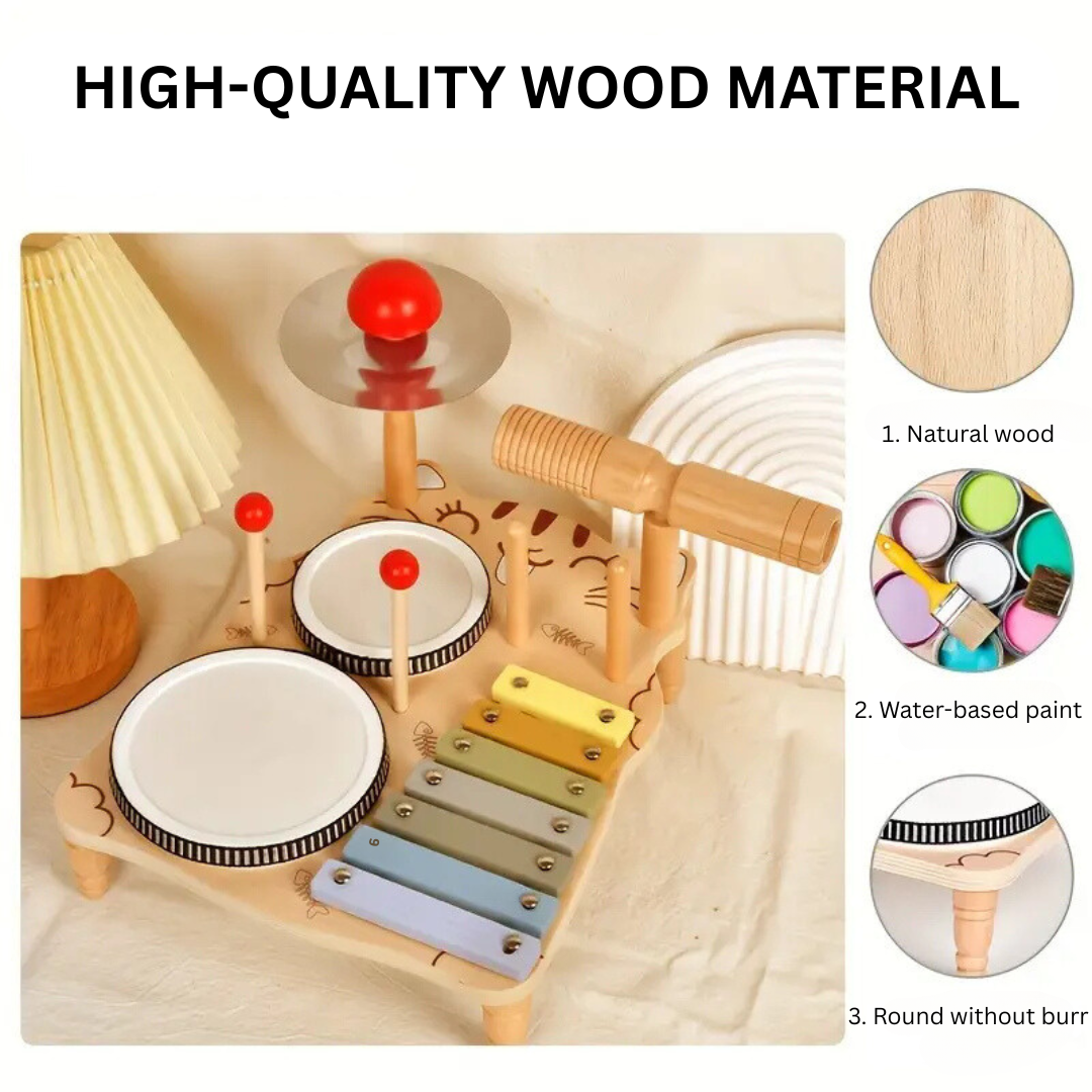 Wooden drum set with material callouts for wood and water-based paint