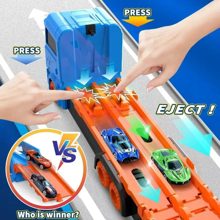 Hands press the two launch buttons to send mini cars down the blue and orange racetrack.