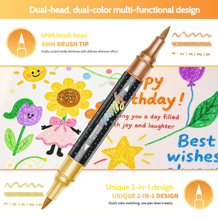Dual-ended marker diagram showing a 6 mm brush tip and colorful lettering