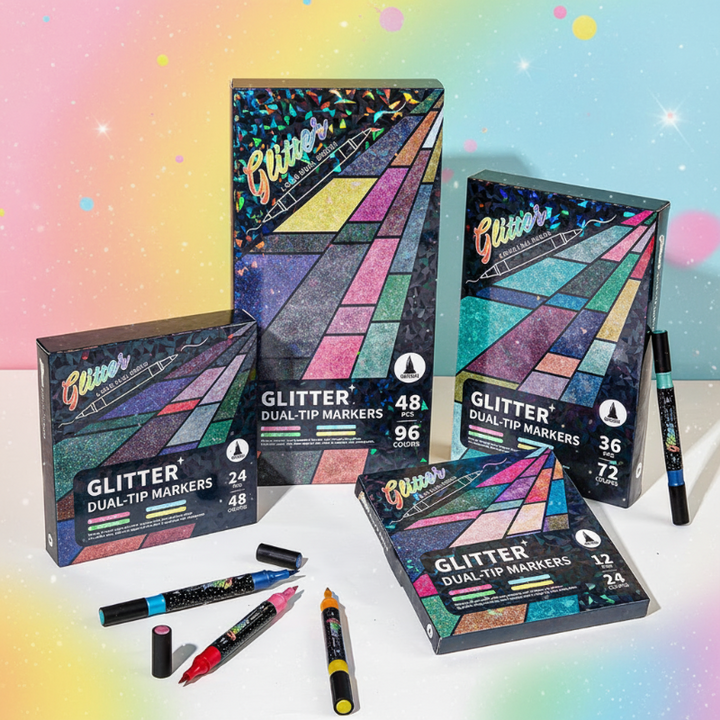 Assorted boxed dual-tip glitter marker sets with loose two-color markers