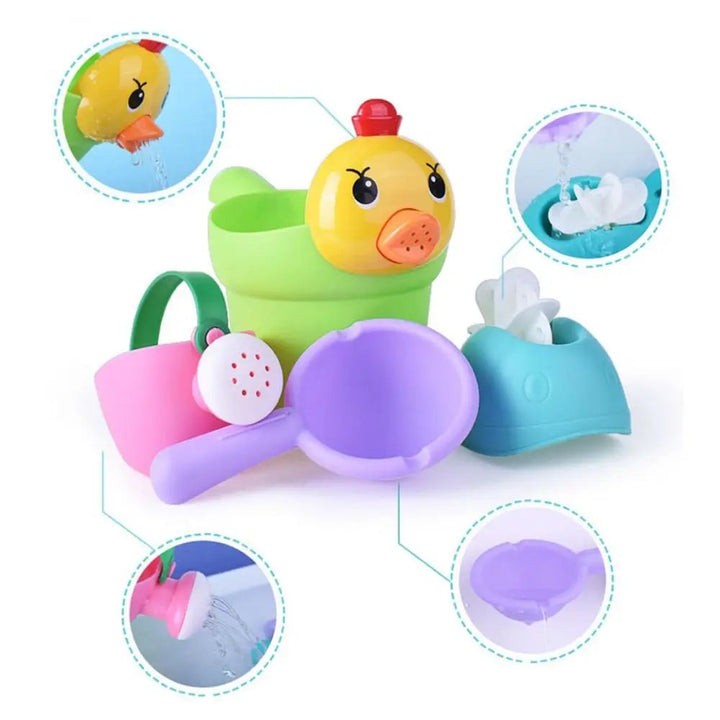 Duck water-play set with close-ups of the animal bucket, watering can, water wheel, and scoop