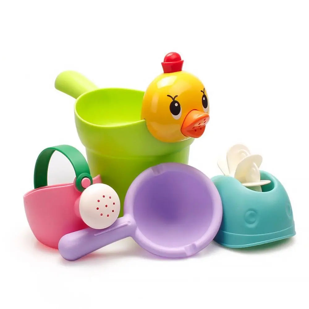 Duck bath toy set with green bucket, pink watering can, purple scoop, and turquoise water wheel