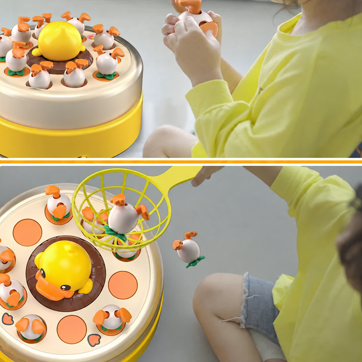 Two views of a child playing the duck-catching game by hand and with a yellow net