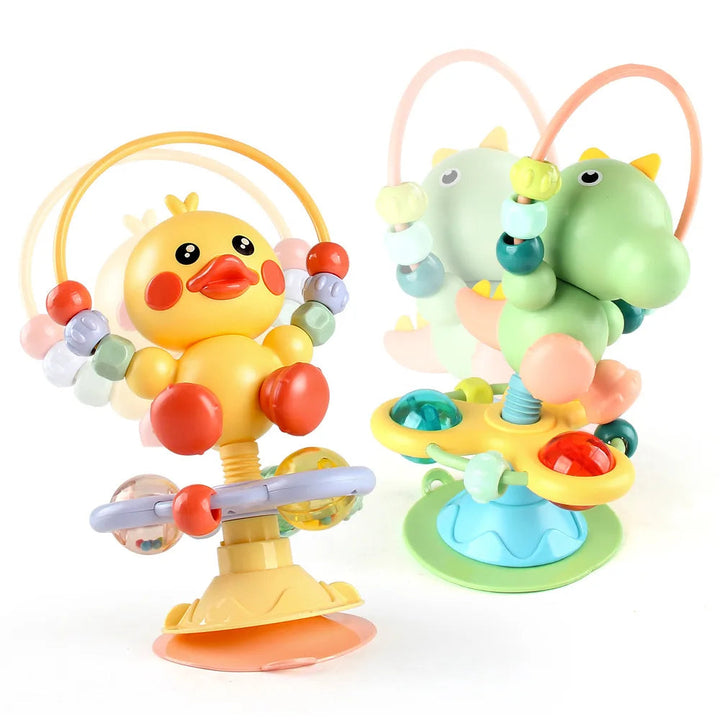 Yellow duck and green dinosaur rattles with bead loops and colorful ball play bases