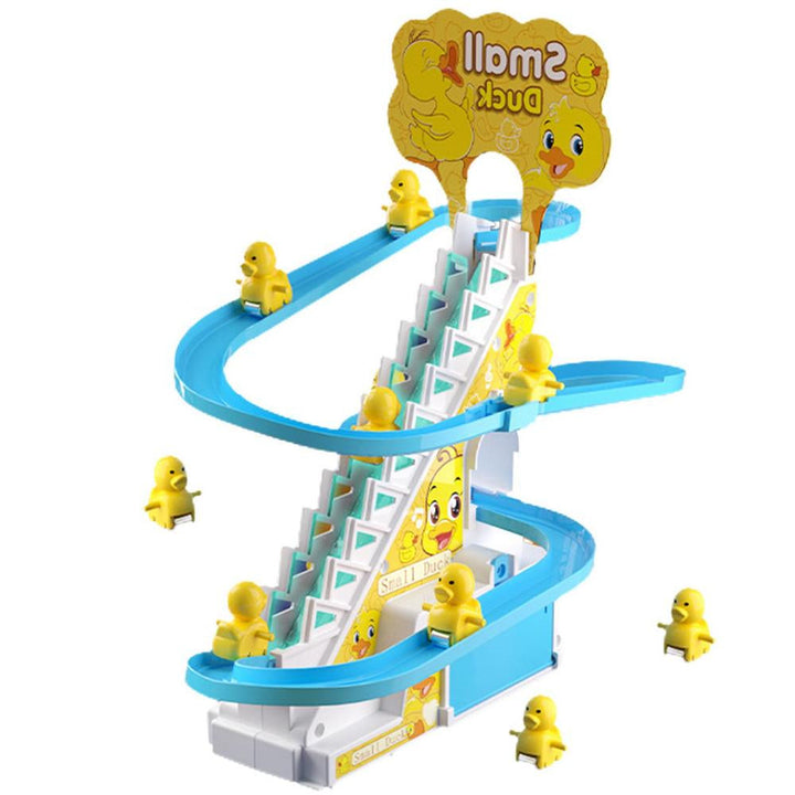 Yellow ducklings on a blue looping slide surrounding a white climbing stairway.