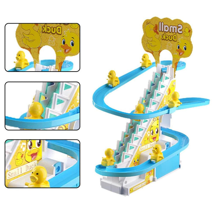Duck slide toy with close-up views of the yellow ducklings, stairway, and blue track.
