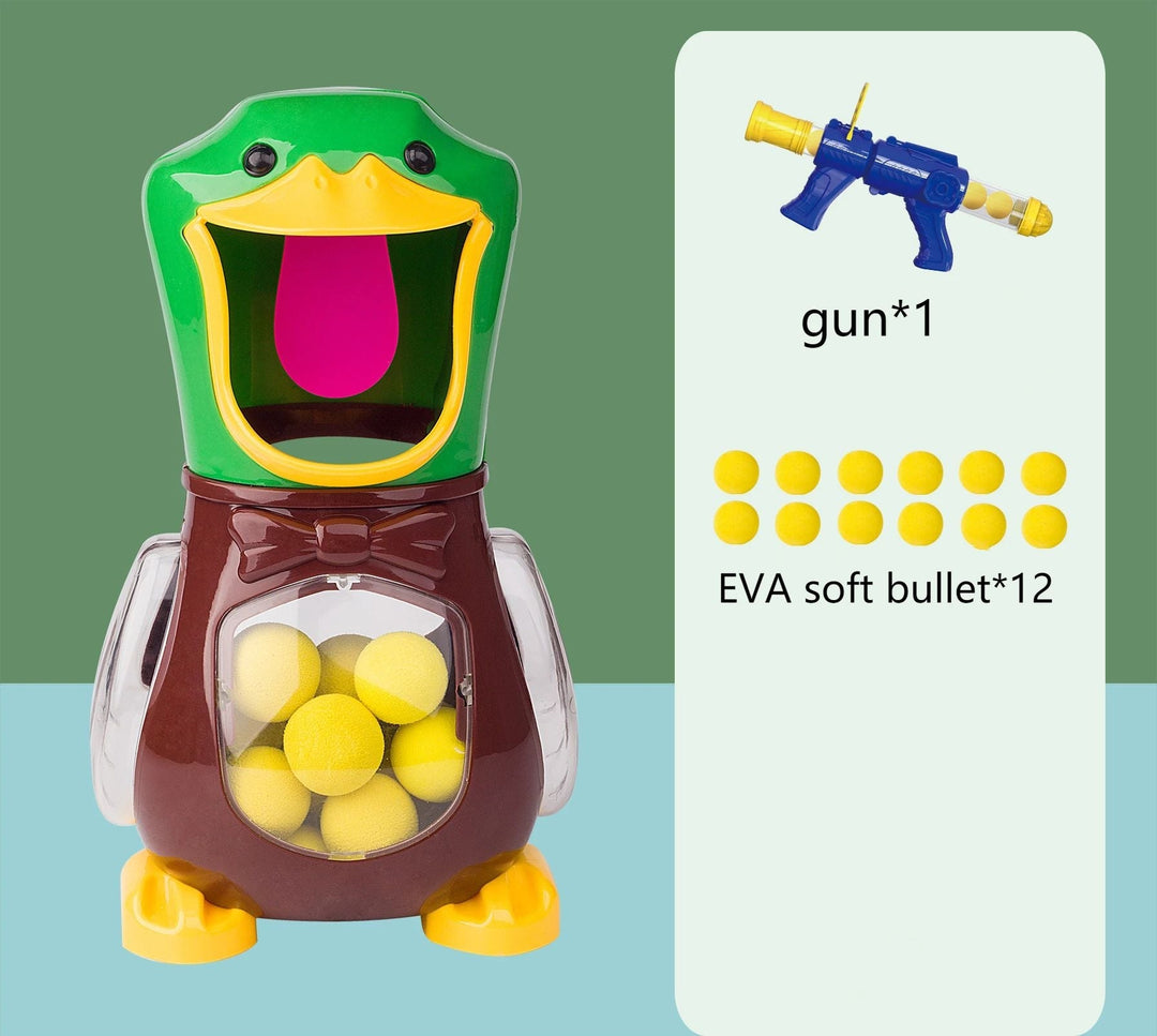 Duck target shown beside an illustration of one toy rifle and 12 yellow soft balls