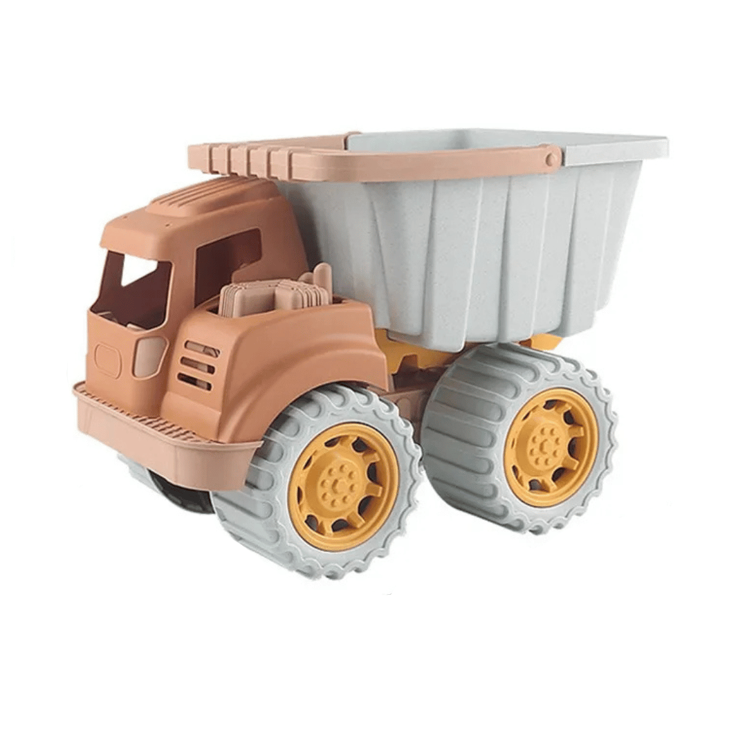 Dump truck toy with a gray open cargo bed and yellow wheel centers