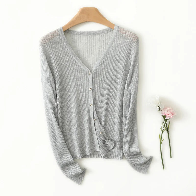 Lightweight Wool Cardigan with Soft Ribbed Texture and Tailored V-Neck