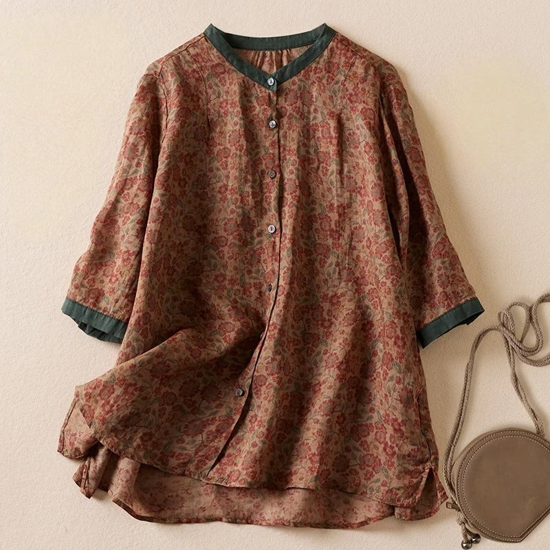 Women's Lightweight Linen Blouse with Standing Collar and Flowing Hem
