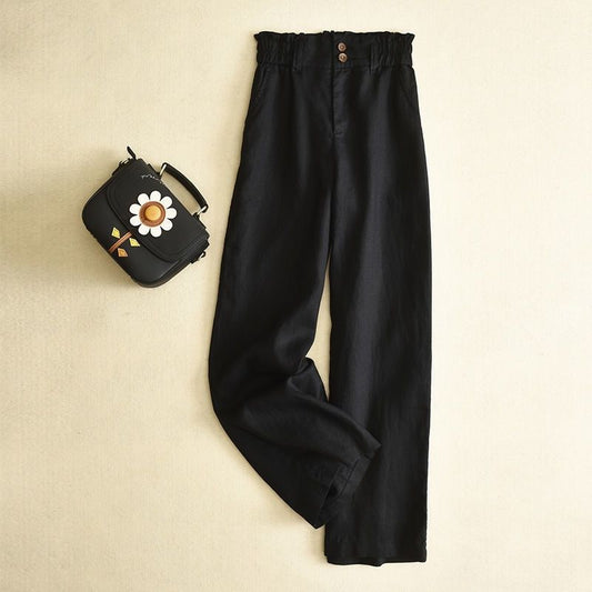 Arlenna Linen Trousers — High-Waist Wide-Leg Linen Pants with Ruffled Waistband
