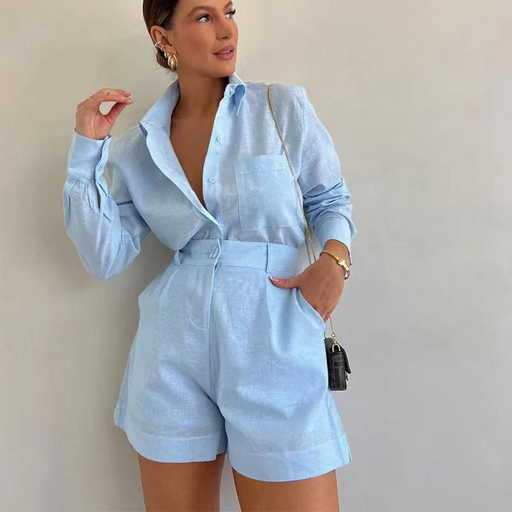 Easybreeze Linen Blend Blouse Shorts Set Product Image 01