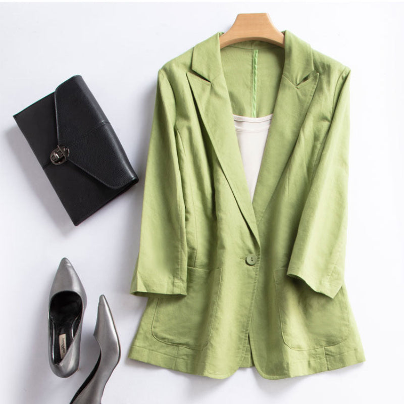 Relaxed Fit Linen Blazer with Single-Button Closure for Breathable Comfort