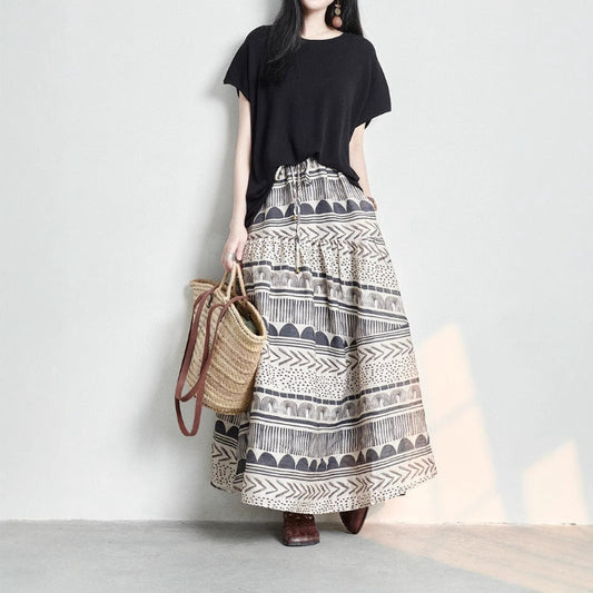 Delara — Breathable Linen Skirt with Bohemian Prints