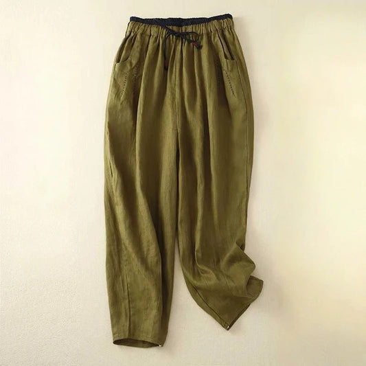 Avenlea — Breathable Linen Pants with Cinnamon Waistband for Summer Comfort