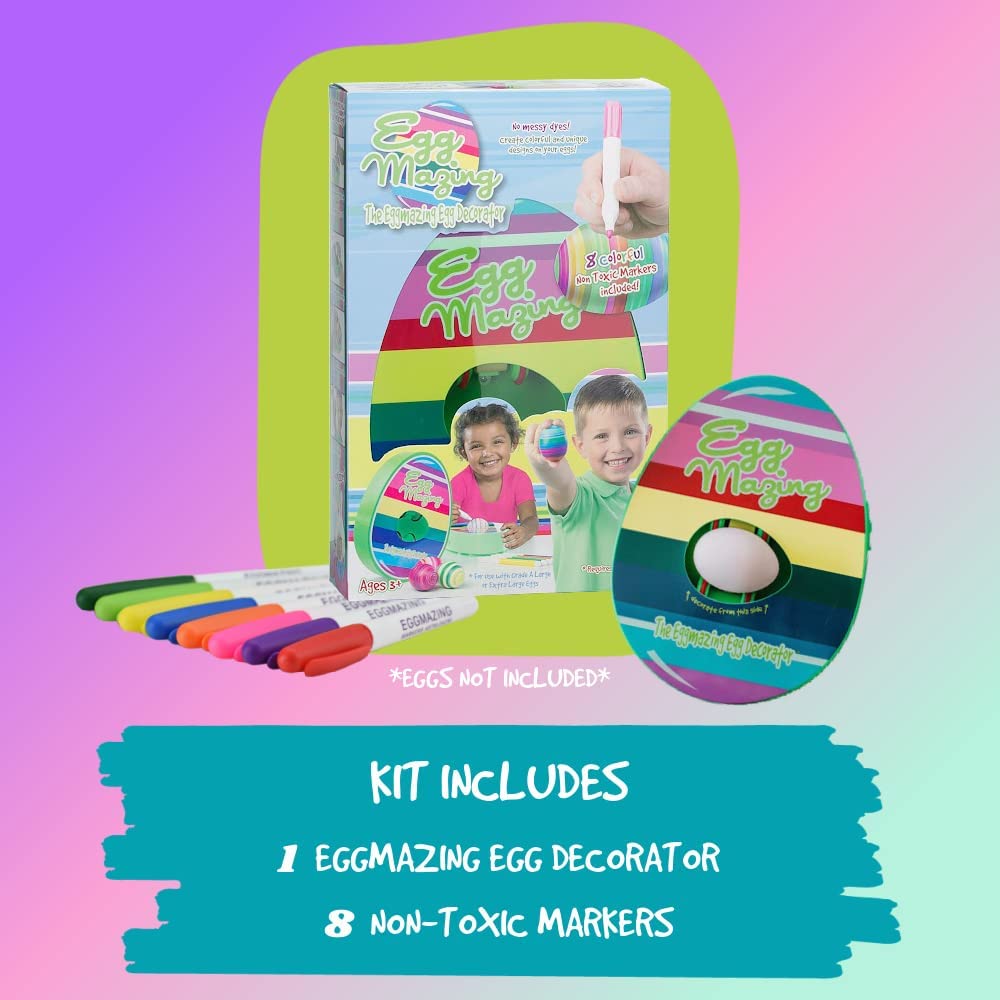 Easter egg decorating kit packaging shown with a striped decorator and eight colored pens