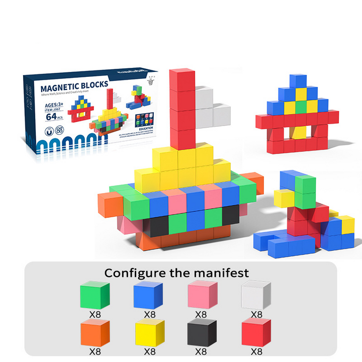 64-piece magnetic cube set shown with a sailboat, colorful models and an eight-color assortment