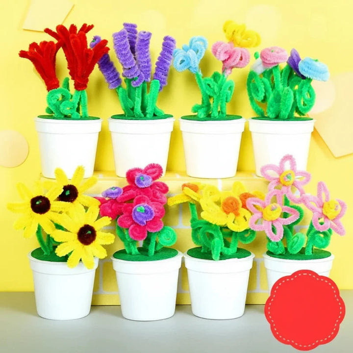 Eight fuzzy-wire flower designs in white pots, including sunflowers, tulips, and lavender