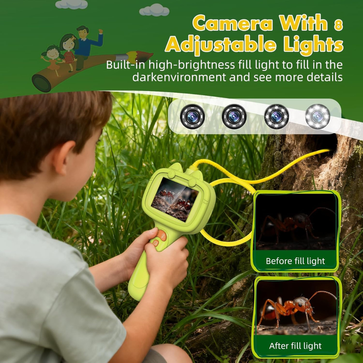 Child using the endoscope at a tree base beside illustrations of its eight LEDs and lighting effects