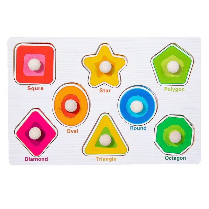 Shape board with eight colorful knobbed pieces and matching outlines