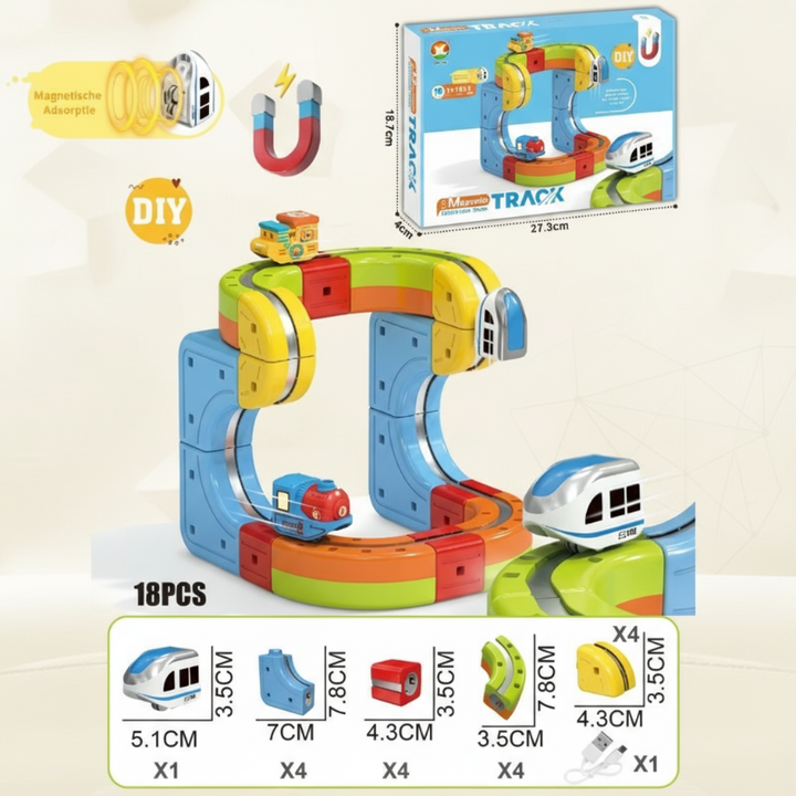 18-piece magnetic train set arranged as an upright loop with a component guide