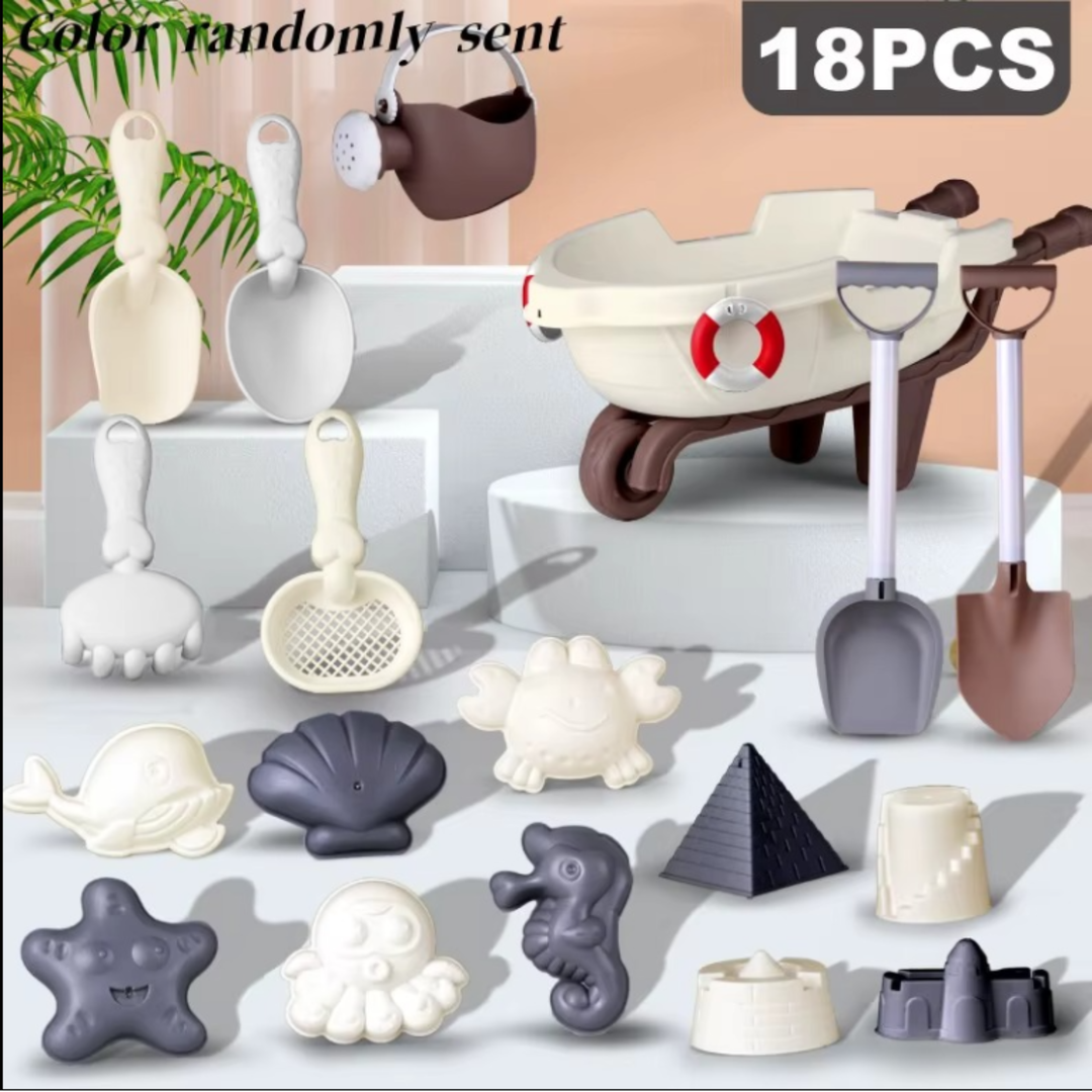 18-piece wheelbarrow beach set with watering can, shovels, hand tools, and sand molds