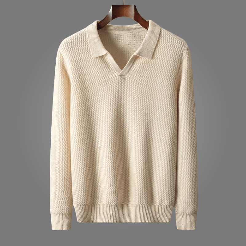 Elanor — Merino Wool Sweater with Tailored Fit and Open Collar (Beige S) - | Zavonix