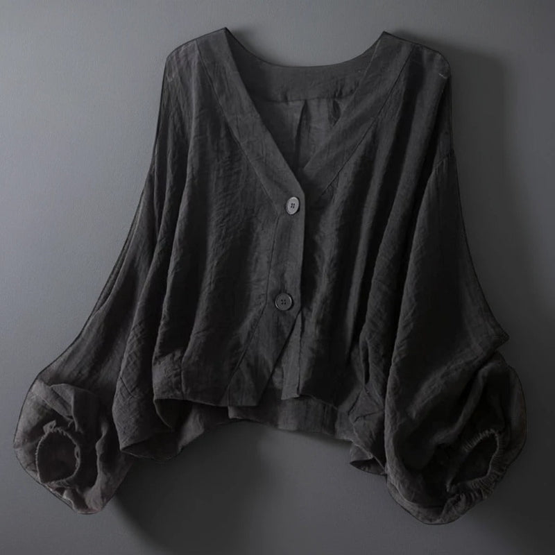 Elara Linen Blouse — Breathable Relaxed Fit Top with Batwing Sleeves (Black XS) - | Zavonix