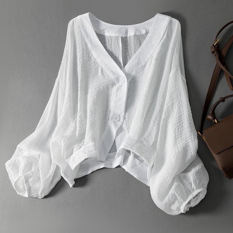 Elara Linen Blouse — Breathable Relaxed Fit Top with Batwing Sleeves (White XS) - | Zavonix