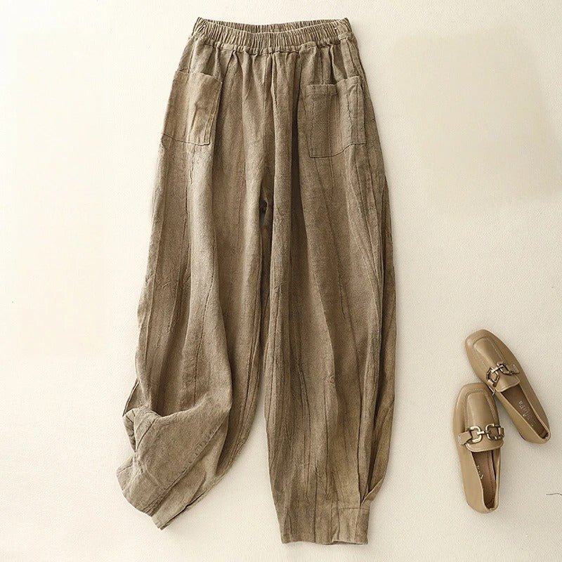 Elara Linen Pants — Lightweight Breathable Trousers with Oversized Pockets (Brown XS) - | Zavonix