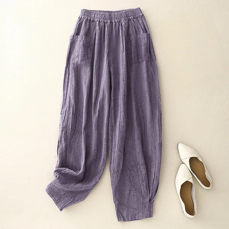 Elara Linen Pants — Lightweight Breathable Trousers with Oversized Pockets (Purple XS) - | Zavonix