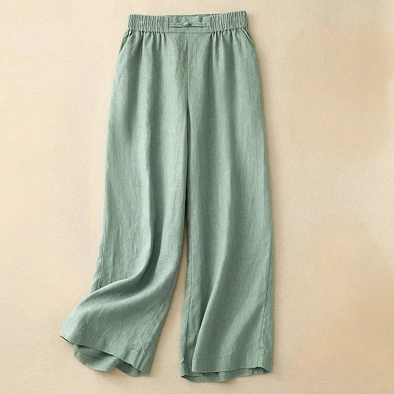 Elara Linen Pants — Soft Wide - Leg Trousers with Elastic Waistband (Green XS) - | Zavonix
