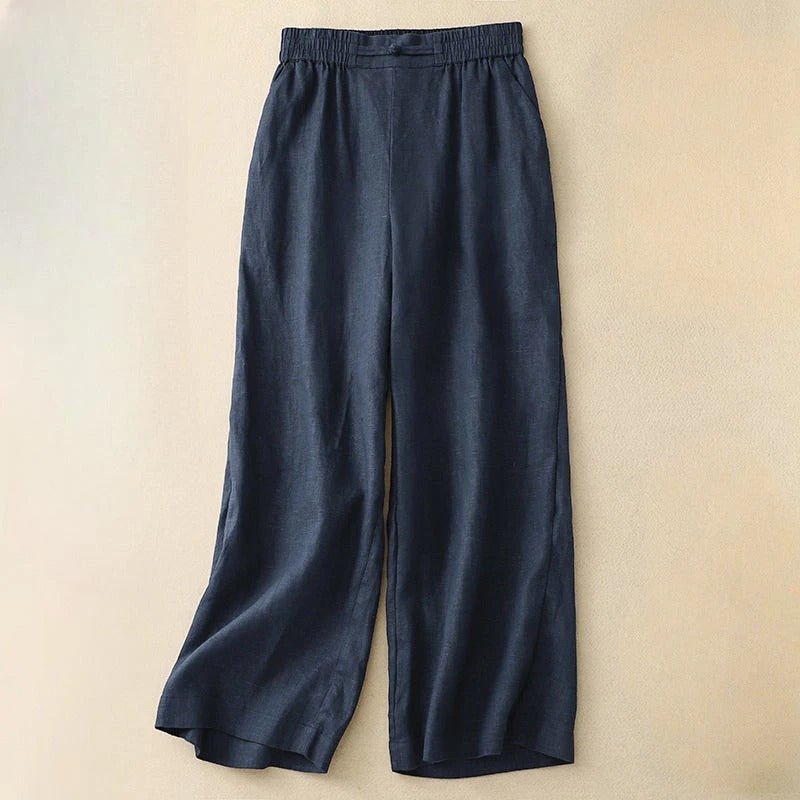 Elara Linen Pants — Soft Wide - Leg Trousers with Elastic Waistband (Navy Blue XS) - | Zavonix