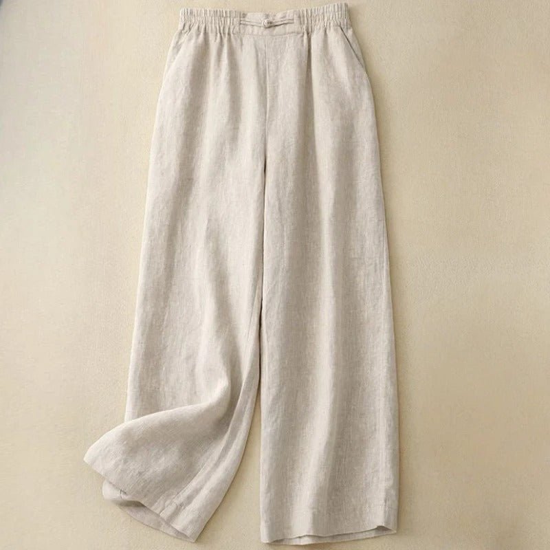 Elara Linen Pants — Soft Wide - Leg Trousers with Elastic Waistband (Beige XS) - | Zavonix