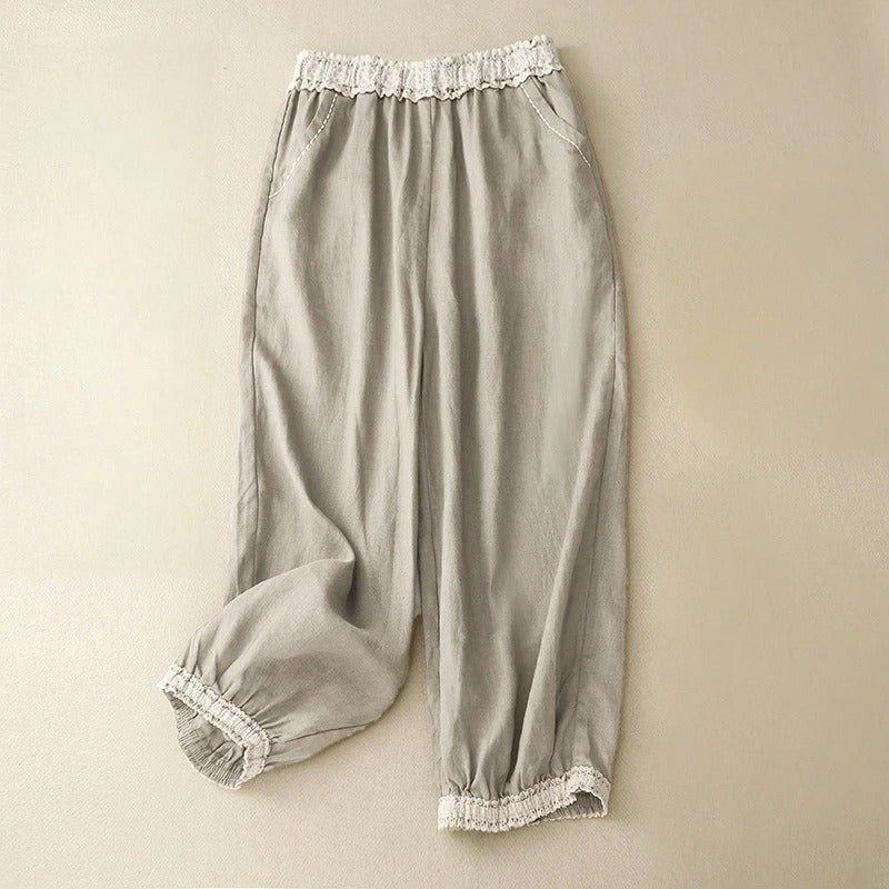 Elara Vintage Lace Linen Trousers — Lightweight Balloon Fit Pants for Comfort (Black XS) - | Zavonix