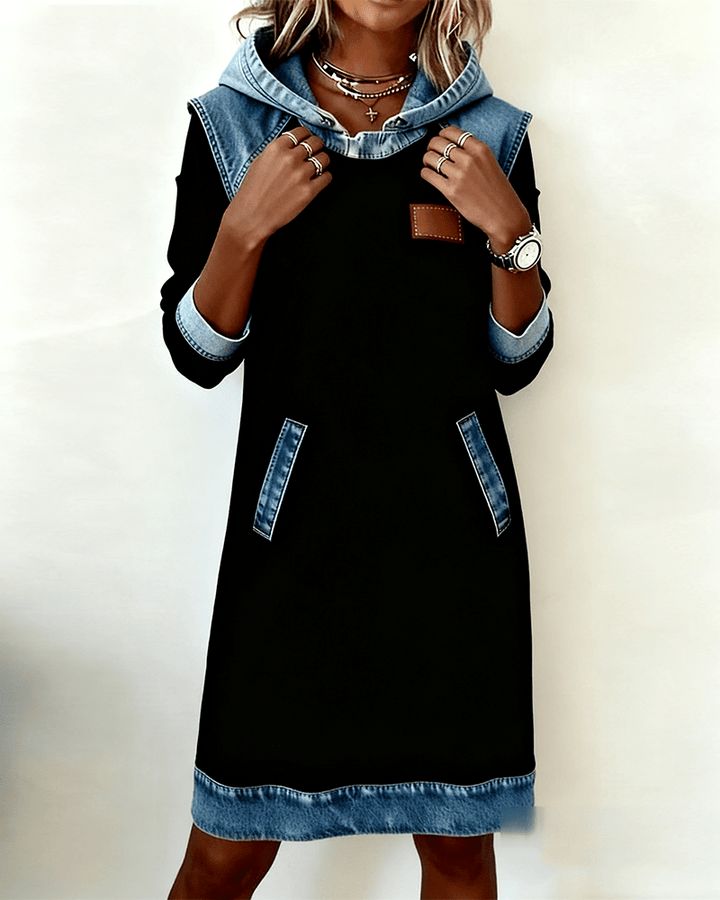 Elaris Shift Dress — Color Block Knee-Length Dress with Pockets