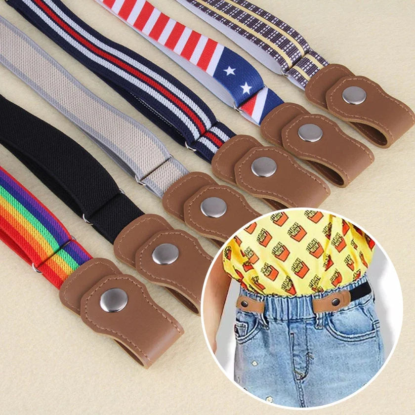 Assorted kids' elastic belts with brown snap tabs and an inset showing a belt worn with jeans