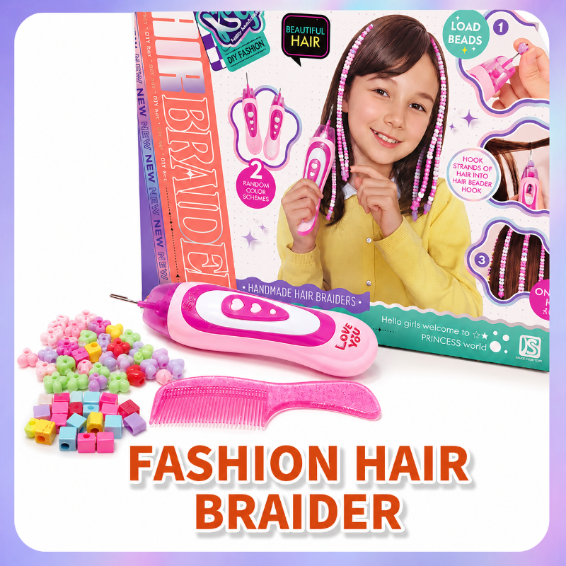 Pink hair braiding tool with a comb, colorful beads, and packaging showing a beaded hairstyle