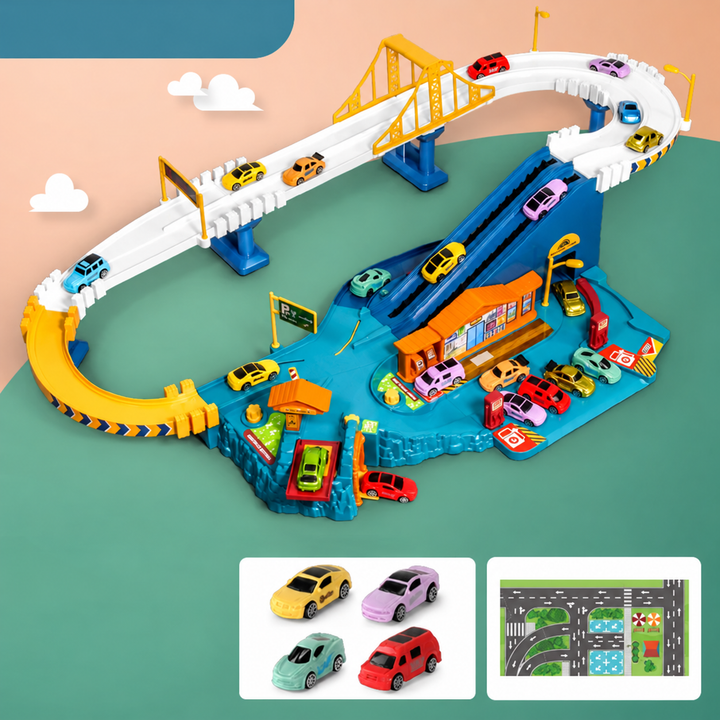 Electric car track option pictured with four toy cars and a road-pattern mat.