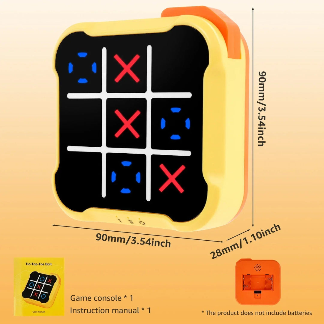 Yellow electronic game with 90 x 90 x 28 mm measurements and a console-and-manual contents list