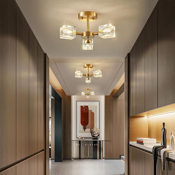 Elegant Crystal Ceiling Light with Gold Semi Flush Mount – Ideal for Low Ceilings 0