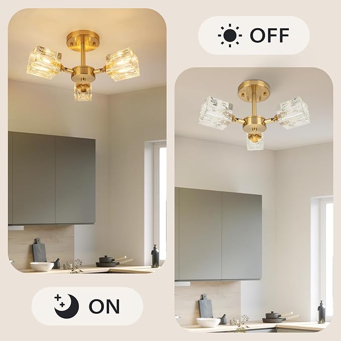 Elegant Crystal Ceiling Light with Gold Semi Flush Mount – Ideal for Low Ceilings 3