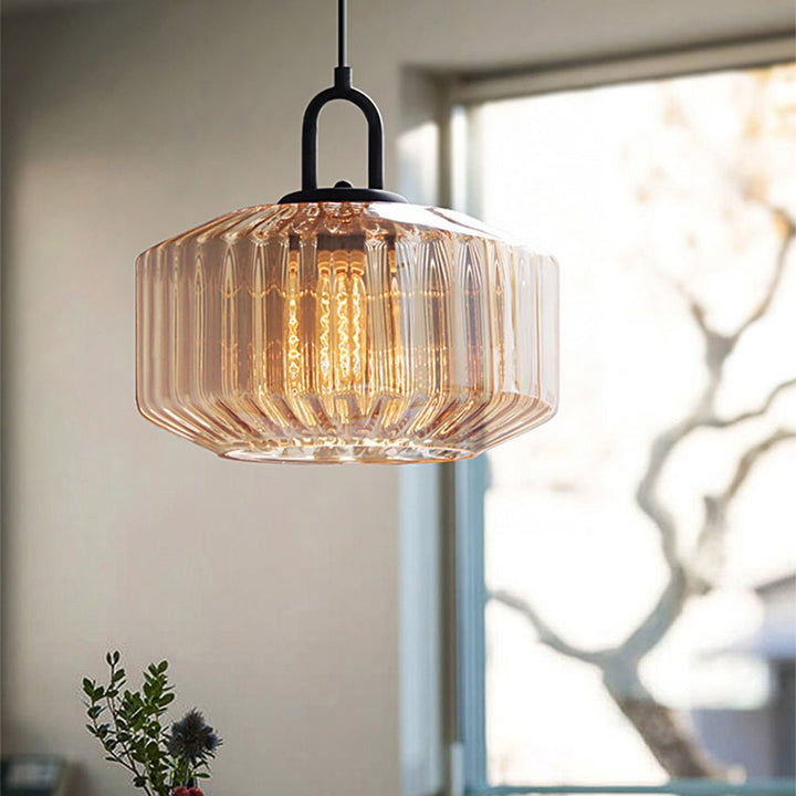 Elegant Pendant Light with Striped Green Glass Shade – Vintage Style for Dining and Kitchen 5