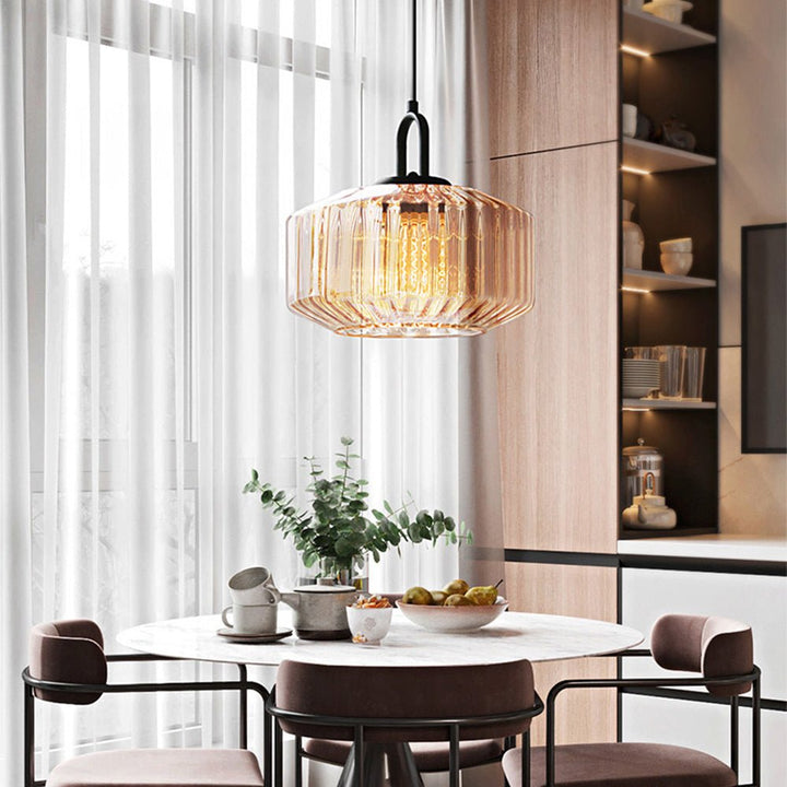 Elegant Pendant Light with Striped Green Glass Shade – Vintage Style for Dining and Kitchen 6