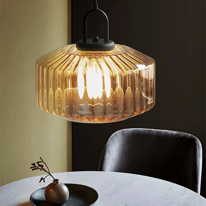 Elegant Pendant Light with Striped Green Glass Shade – Vintage Style for Dining and Kitchen 7